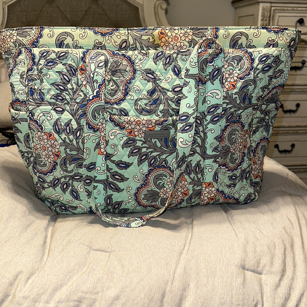 Vera Bradley Quilted Mint Paisley Tote with Navy and Coral Accents